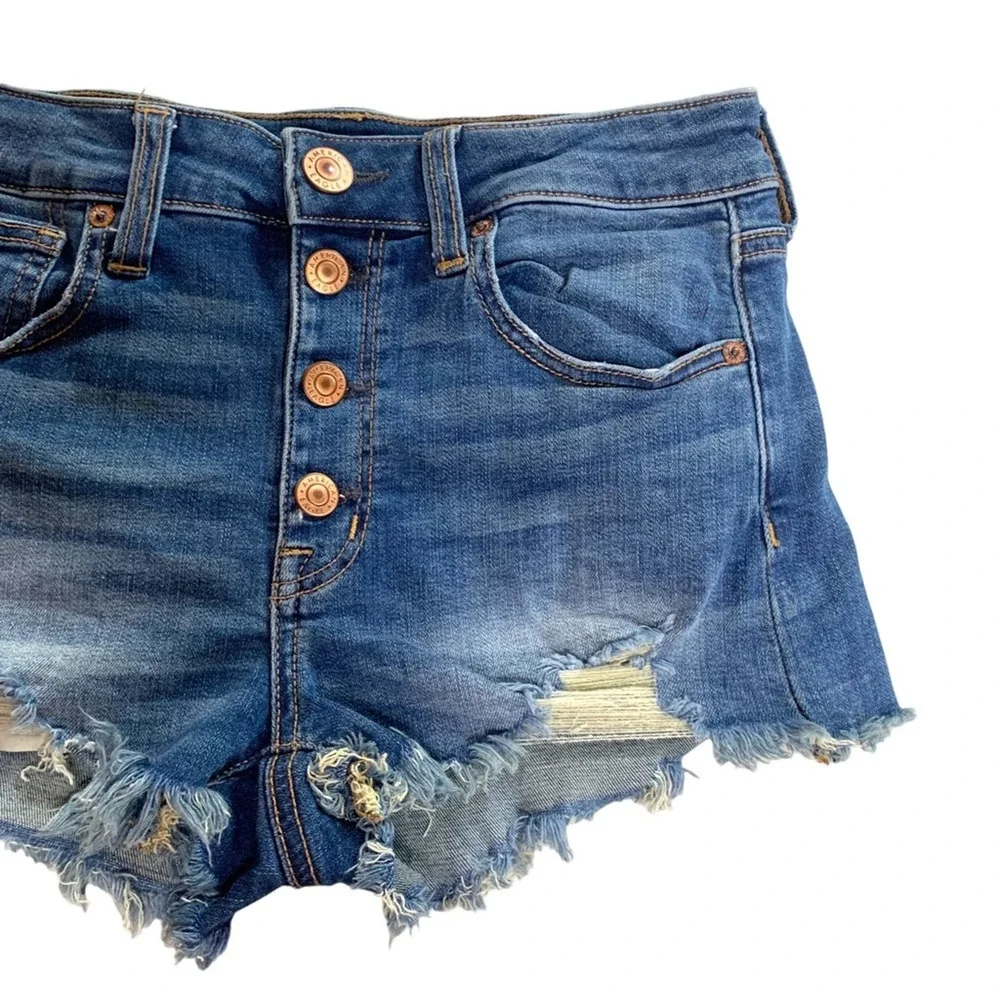 American Eagle AE Hi-Rise Shortie Denim Jean Shorts Button Fly Distressed Size 6 - Picture 3 of 14